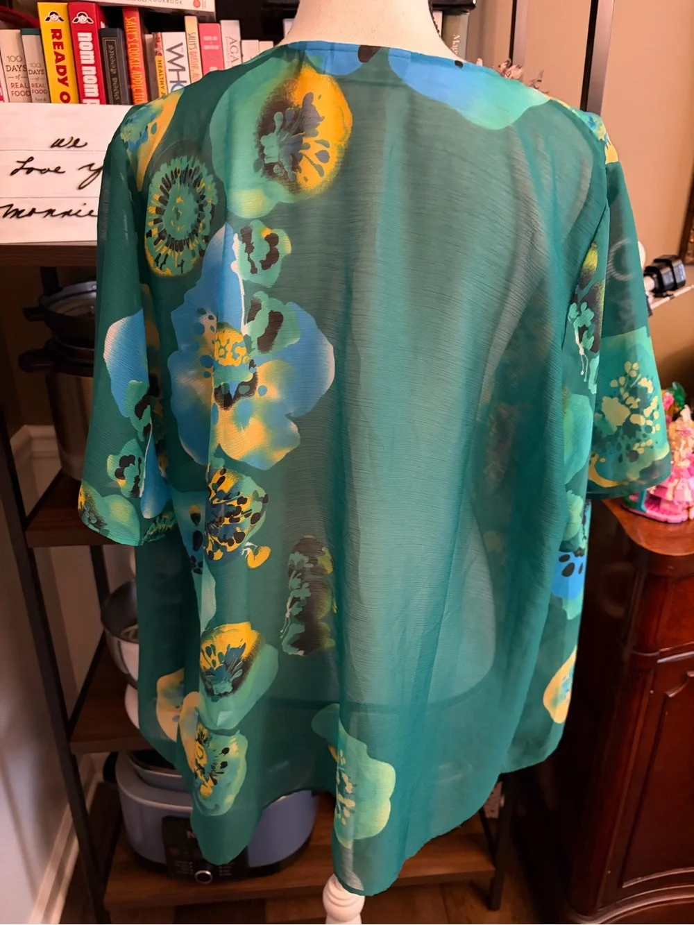 Susan Graver Teal Floral Sheer Drape Front Cardigan - Picture 2 of 3
